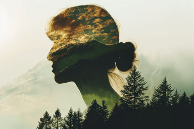 A double exposure photo of a woman's face with trees in the background