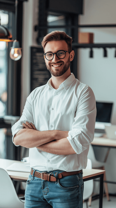 A man in a white shirt and jeans standing with his arms crossed