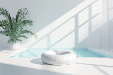 A white pool with a palm tree in a white room