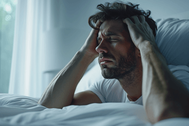 A man laying in bed with his head in his hands