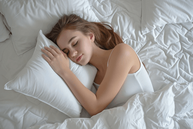 A woman is sleeping in a white bed