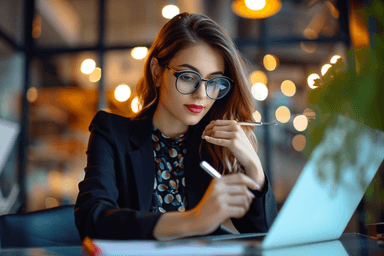 A woman sitting at a table with a laptop and pen
