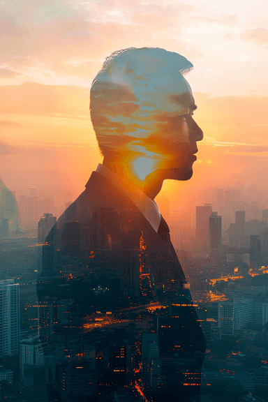 A double exposure photo of a man in a suit