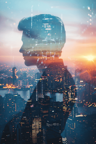 A man standing in front of a window with a cityscape in the background