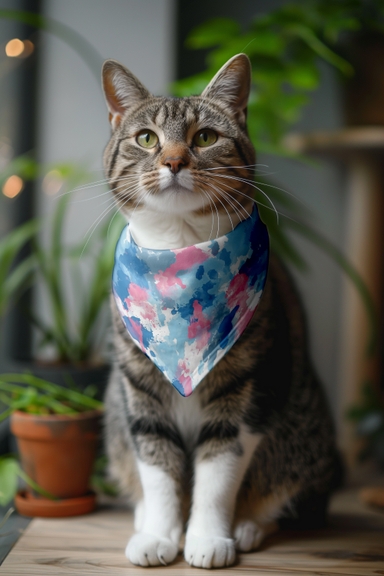 Tabby Cat Wearing Bandana Mockup in Lawn