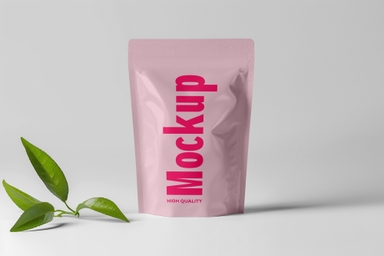 Tea Packaging Pouch Mockup with Tea Leaves