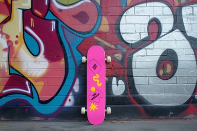 Skateboard Mockup Leaning Against Graffiti Wall