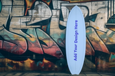 Surfboard Mockup Leaning Against Graffiti Wall