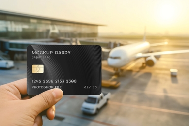 Credit Card Mockup Holding Horizontally at Airport