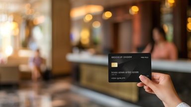 Credit Card Mockup in Girls Hand at Reception