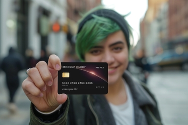 Punk Girl Showing Credit Card Mockup on Street