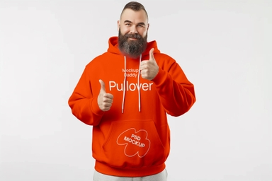 40 Plus Old Russian Man in Hoodie Mockup with Thumbs-Up