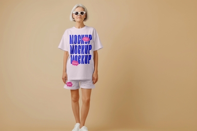 Adult Women Wearing T-shirt and Shorts Mockup with Sunglasses