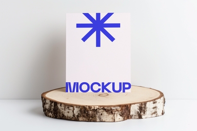 Vertical Card Mock-up Standing on Wood Log