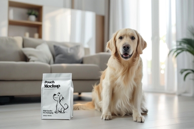 Dog Sitting Beside Dogs Food Pouch Mockup