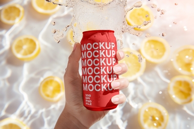 Hand Holding Can Mockup upon Lemon Slices and Water
