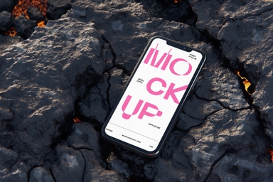 Volcanic iPhone Mockup on Cracked Rocky Surface