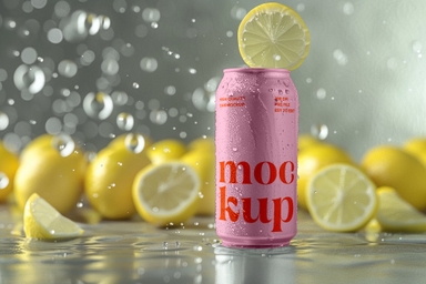 Lemon Soda Can Mockup with Sliced Lemons