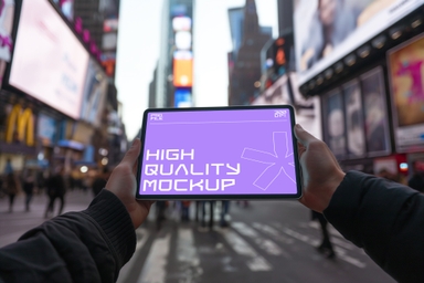 iPad Mockup Held Horizontally in Time Square
