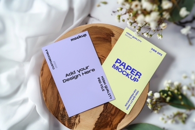 Two Vertical Wedding Invitation Card Mockup on Circular Board