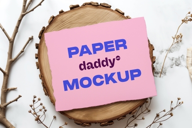 Torn Invitation Card Mockup on Wood Log