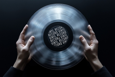 Hands Holding Transparent Vinyl Record Mockup on Black Background