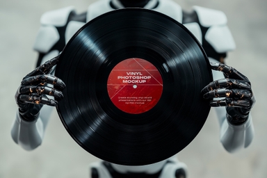 Robot Holding Circular Vinyl Record Mockup