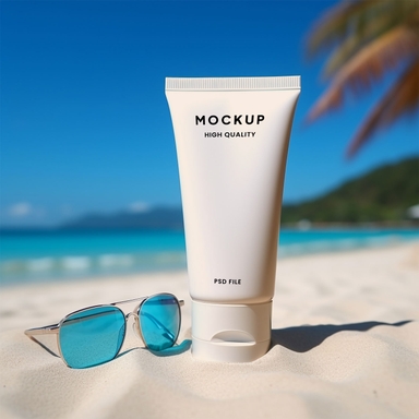 Sunscream Tube PSD Mockup on Beach with Sunglasses