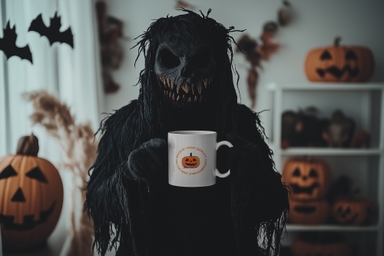 Halloween Monster Holding Mug Mockup