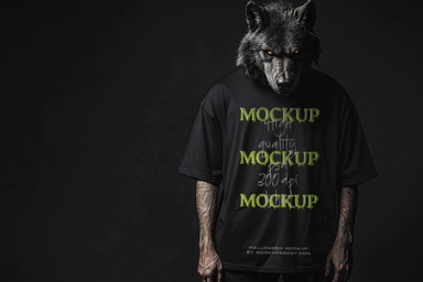 Werewolf Wearing Black T-Shirt Halloween Mockup