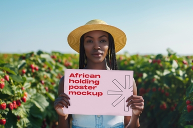 Women Holding Poster Mockup in Strawberry Farm