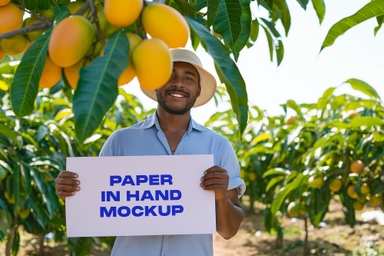 African Man Showing Poster Mockup in Mango Farm