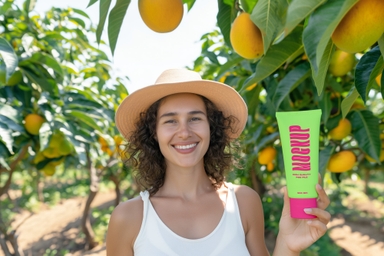 American Girl Holding Tube Mockup in Mango Farm