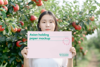 Asian Women Holding Poster Mockup in Apple Field