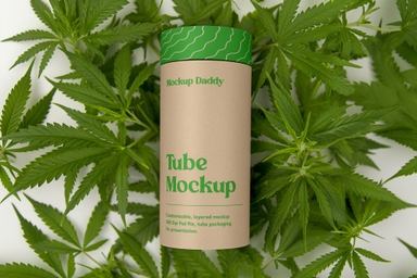 Cylindrical Packaging Tube Mockup with Hemp Leaves