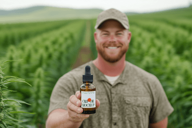 Farmer Holding CBD Oil Dropper Bottle Mockup