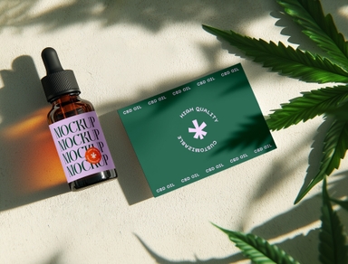 Hemp Oil Amber Dropper and Business Card Mockup Top View