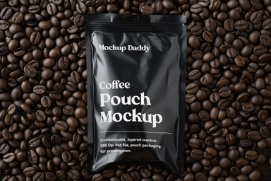 Black Coffee Pouch Mockup on Coffee Beans