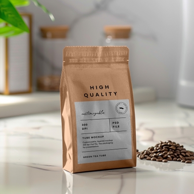 Coffee Craft Paper Pouch Mockup on Kitchen Shelf