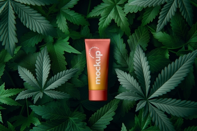Cosmetic Tube Mockup on Cannabis Leaves Top View