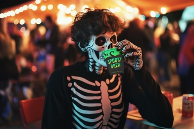 Skeleton Costume Man Holding Halloween Paper Cup Mockup