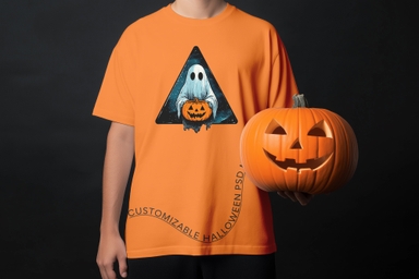 Man Displaying Halloween T-Shirt Mockup Holding Pumpkin