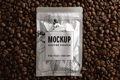 Medium Size Coffee Pouch Mockup on Coffee Beans