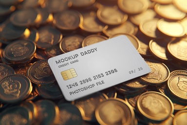 Credit Card Design Mockup on Bed of Gold Coins