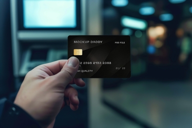 Hand Holds Credit Card Mockup at ATM