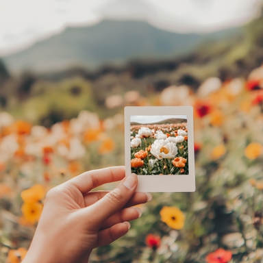 Polaroid Mockup in a Female Hand Amid Flowers