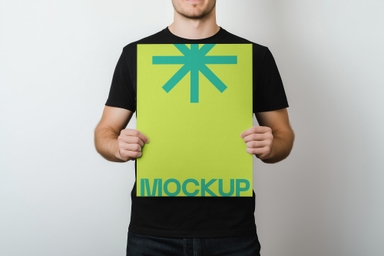 Men in Black Tshirt Showing Blank A3 Poster Mockup