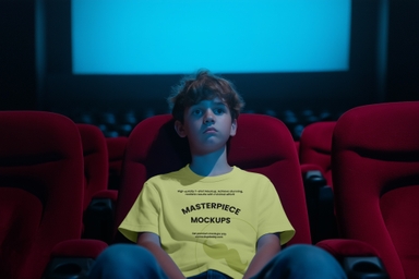 Boy Wearing T-shirt Mockup in Cinema Hall