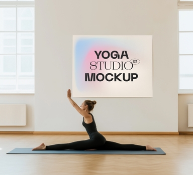 Woman Performing Full Split in Yoga Studio Mockup