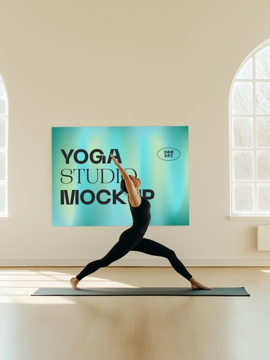 Woman in Warrior Pose Yoga Studio Mockup
